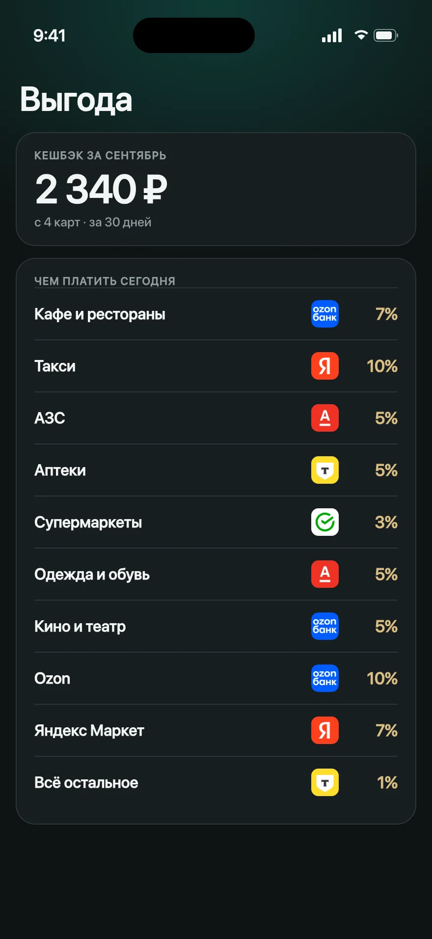 Экран «Выгода»: какой картой платить